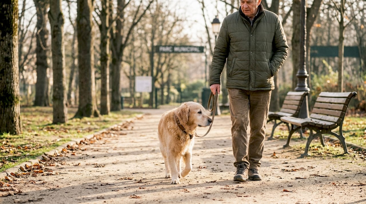 Un vieux chien profite d'une balade au parc