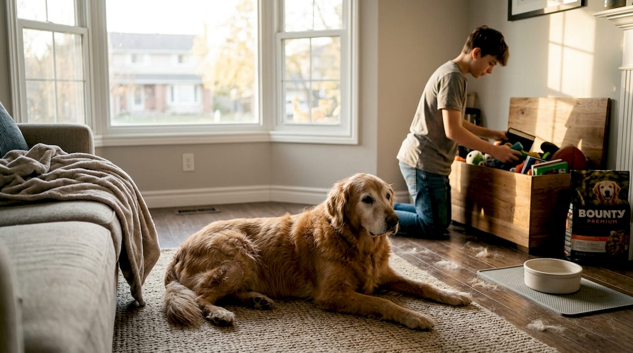 Un chien paisiblement installé sur son tapis, au cœur du salon familial.