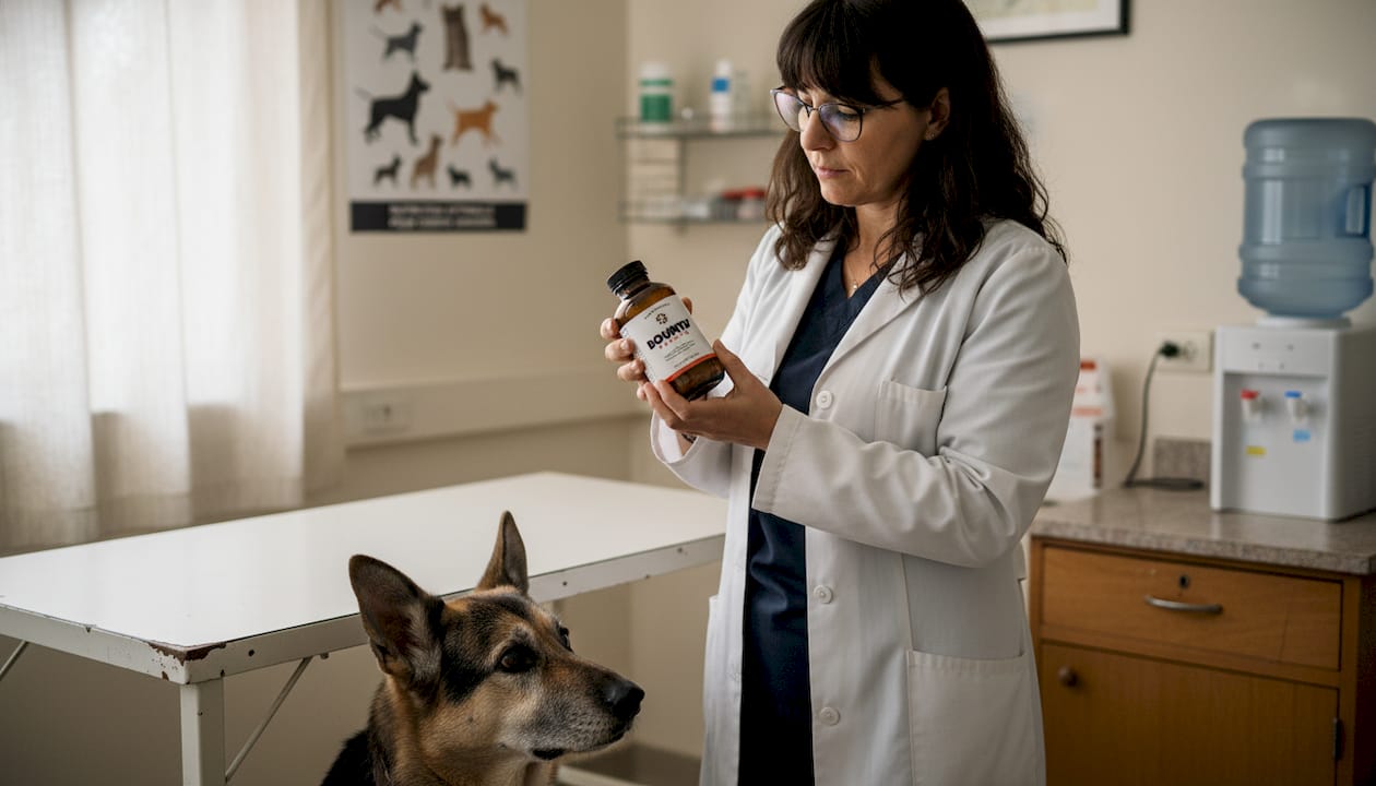 Un vétérinaire présente un complément naturel spécialement conçu pour le bien-être des chiens.