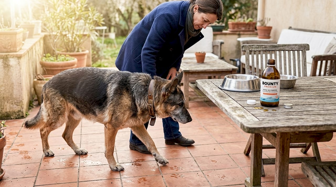 Perte de mobilité chez le berger allemand senior sur la terrasse