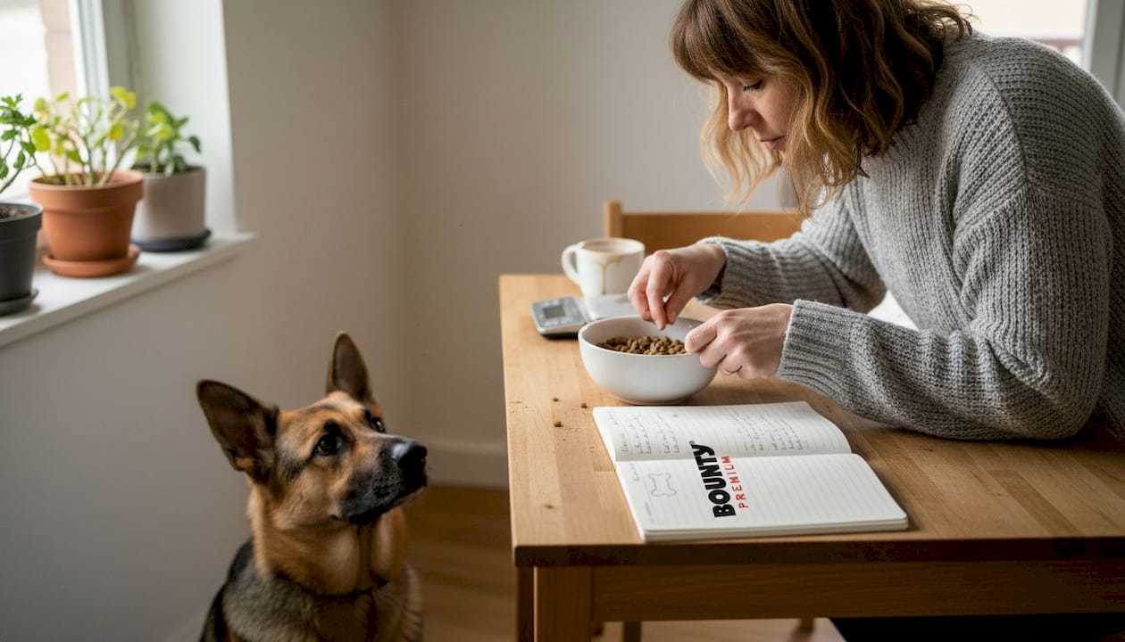 Une femme en train de préparer la portion de nourriture de son chien à la table.