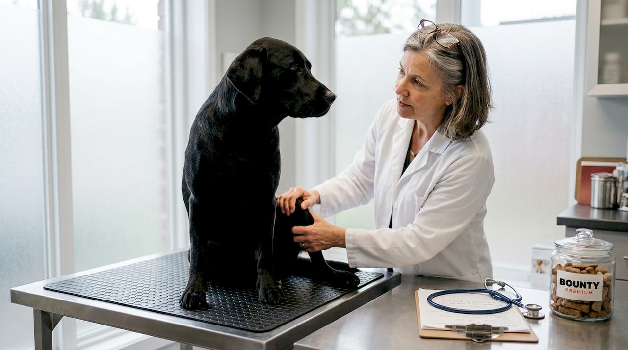Un vétérinaire ausculte l’articulation d’un chien lors d’une consultation en cabinet.