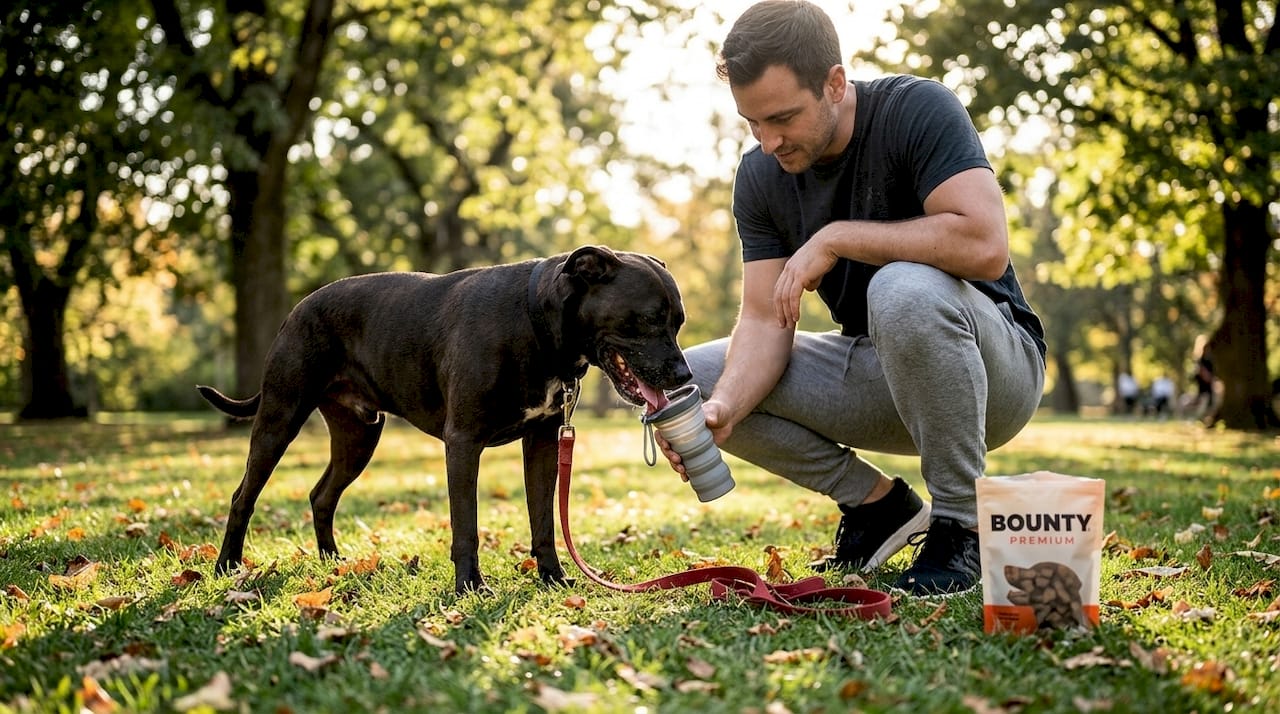 Après une bonne séance d’exercice, ce chien profite d’une pause bien méritée pour s’hydrater.