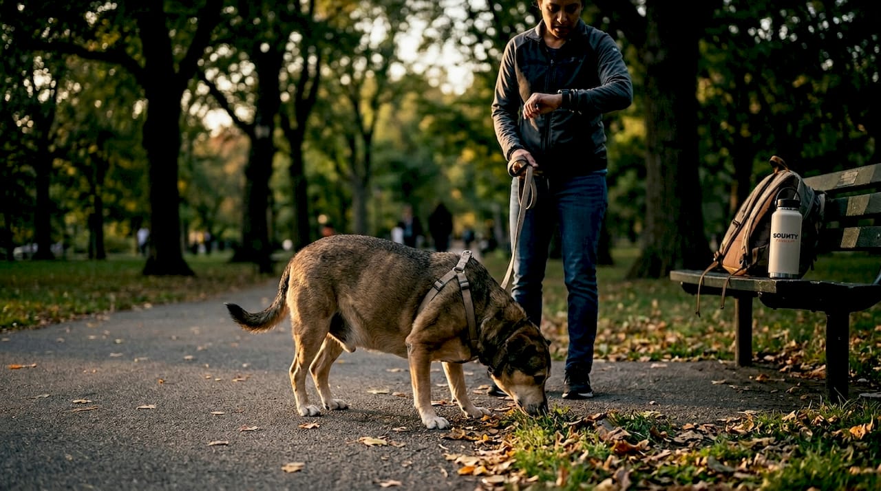 Un chien un peu trop rond en balade dans un parc en ville