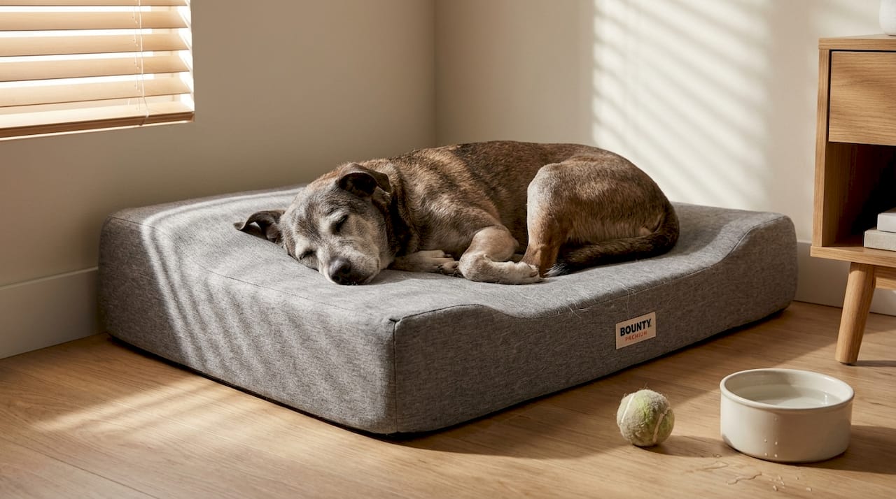 Un chien âgé profite du confort d’un lit orthopédique pour se reposer paisiblement.