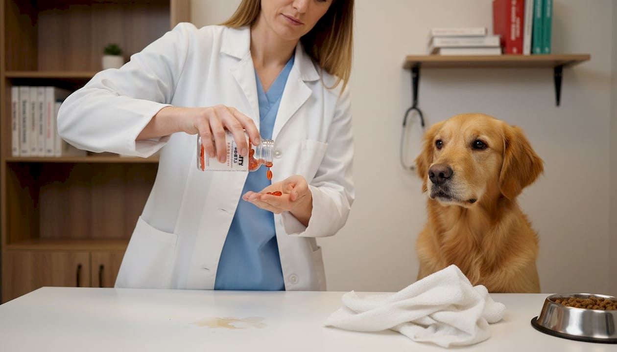 Un vétérinaire explique les bienfaits des oméga-3 à un chien lors d’une consultation.