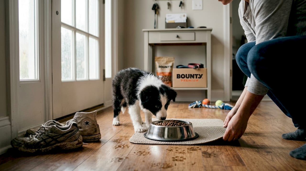 Un jeune border collie, tout attentif, observe depuis le seuil de la porte.