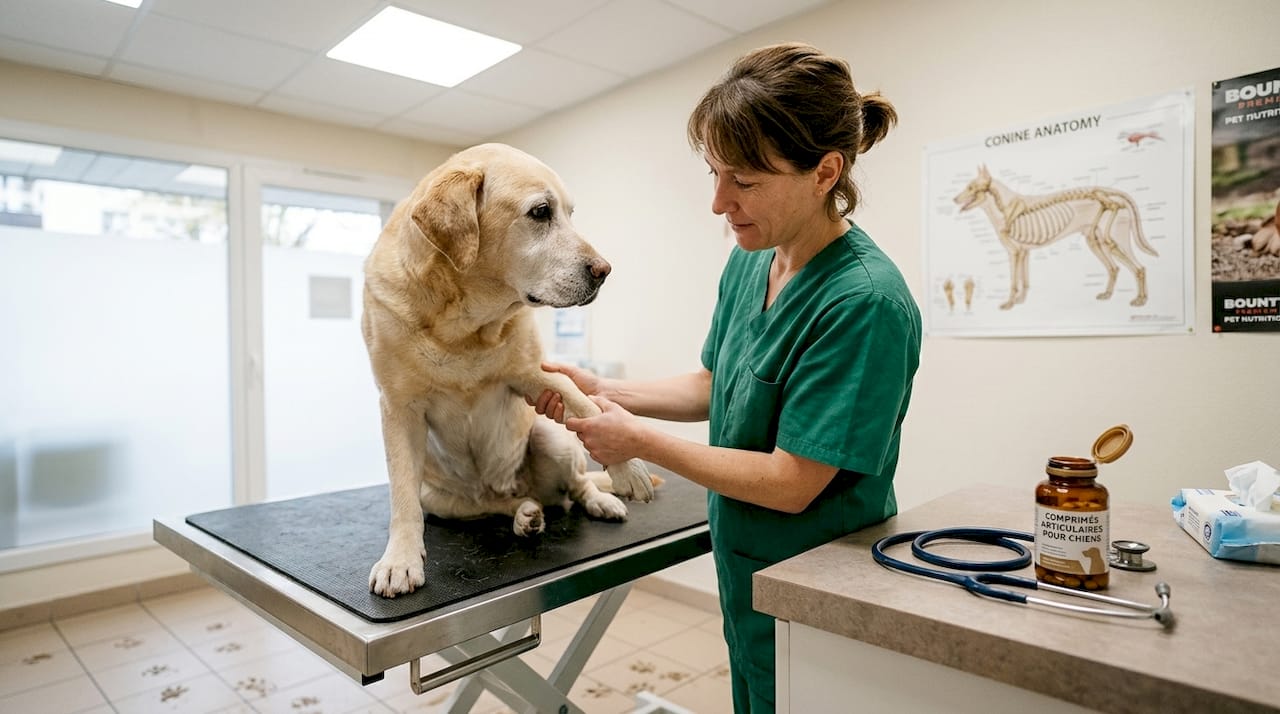 Un vétérinaire ausculte les articulations d’un chien âgé pour vérifier leur état et détecter d’éventuelles douleurs.
