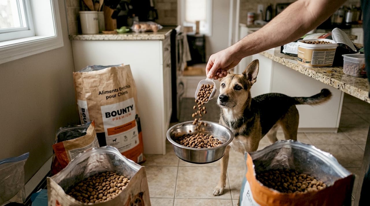Un chien tout à l’écoute devant sa gamelle de croquettes enrichies