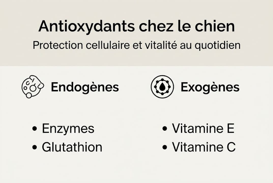 Vue d’ensemble en infographie : les antioxydants chez le chien, d’origine naturelle et apportés par l’alimentation