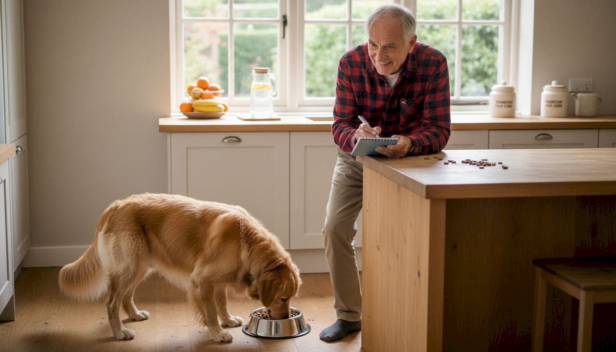 Pendant que son chien dévore sa gamelle, le maître prend des notes sur la routine du matin dans la cuisine.