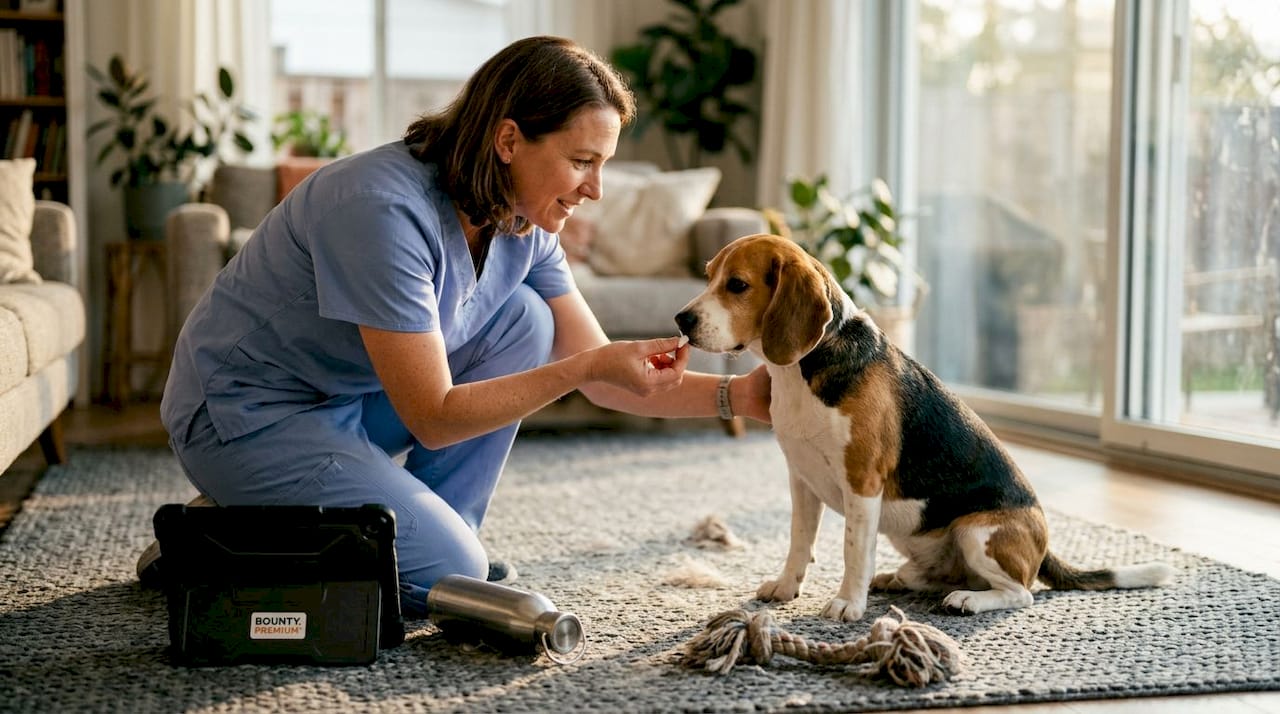 Un vétérinaire administre un probiotique à un chien installé sur un tapis.