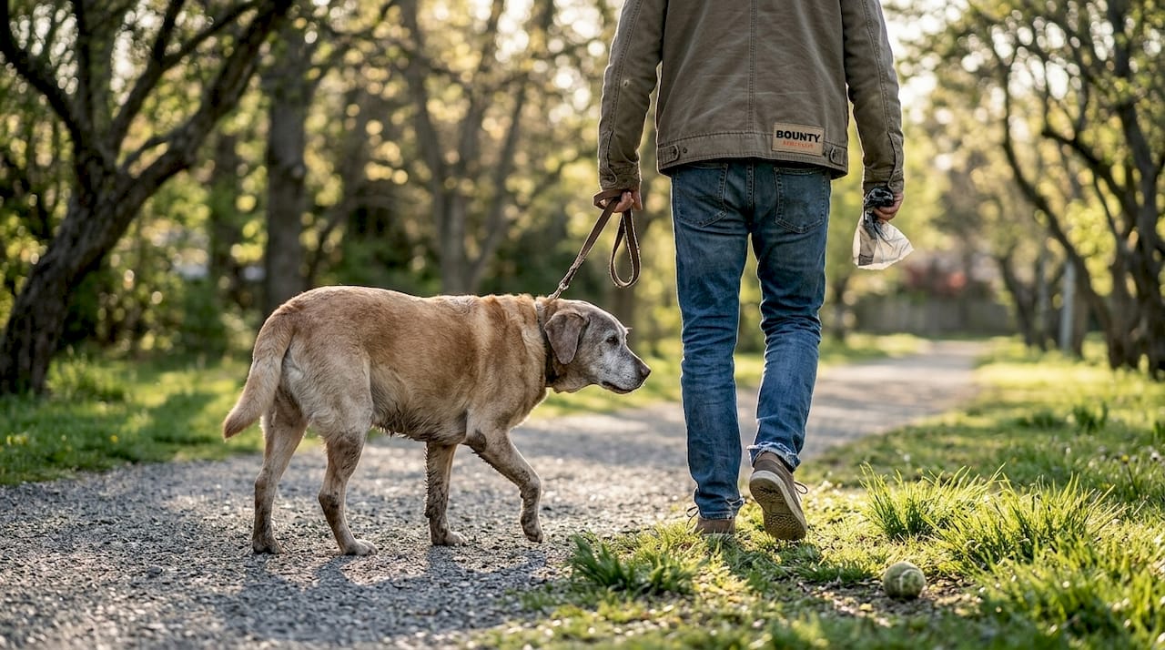 Un chien âgé se promène paisiblement aux côtés de son maître dans le parc.