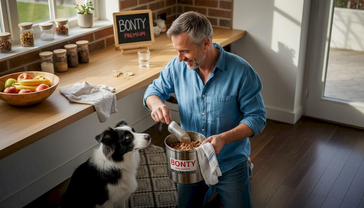 Un homme prépare un repas équilibré pour son chien, veillant à lui offrir une alimentation saine et adaptée.
