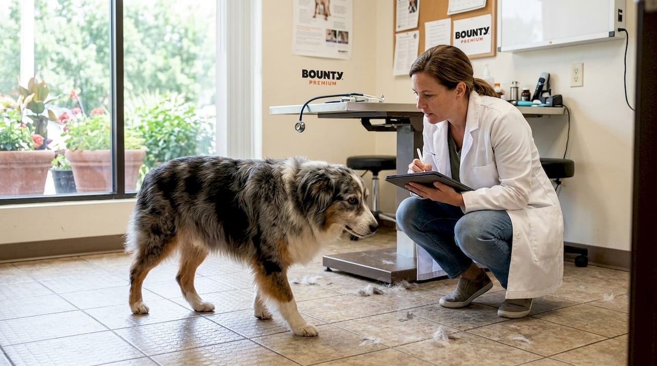 Un vétérinaire examine la démarche d’un chien âgé pour évaluer sa mobilité.