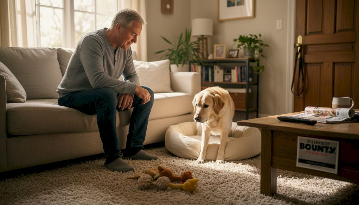 Le propriétaire observe son vieux labrador se déplacer tranquillement dans le salon.