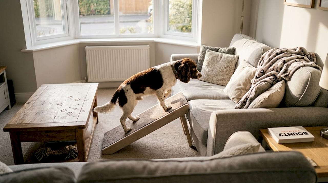 Un chien grimpe sur le canapé à l’aide d’une petite rampe.