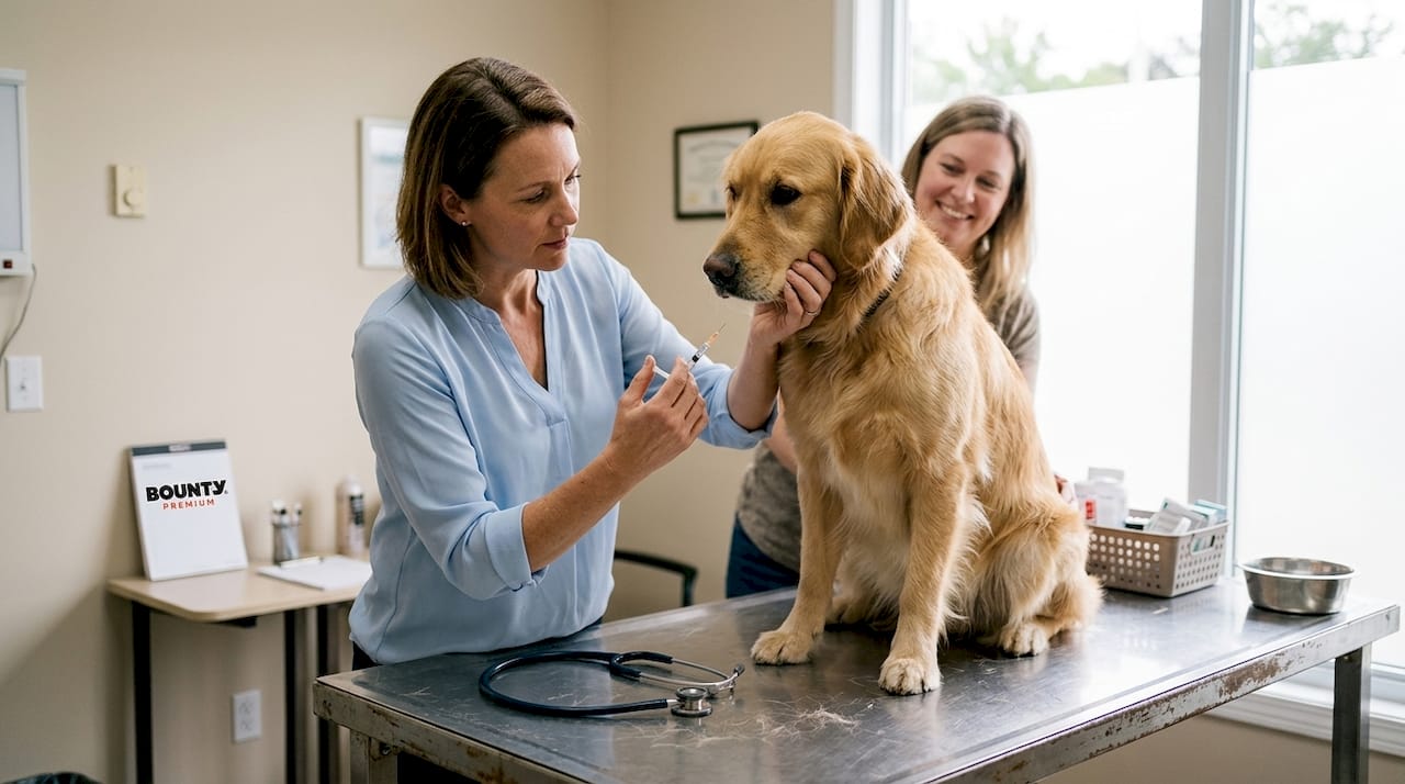 Un vétérinaire en train de vacciner un chien adulte