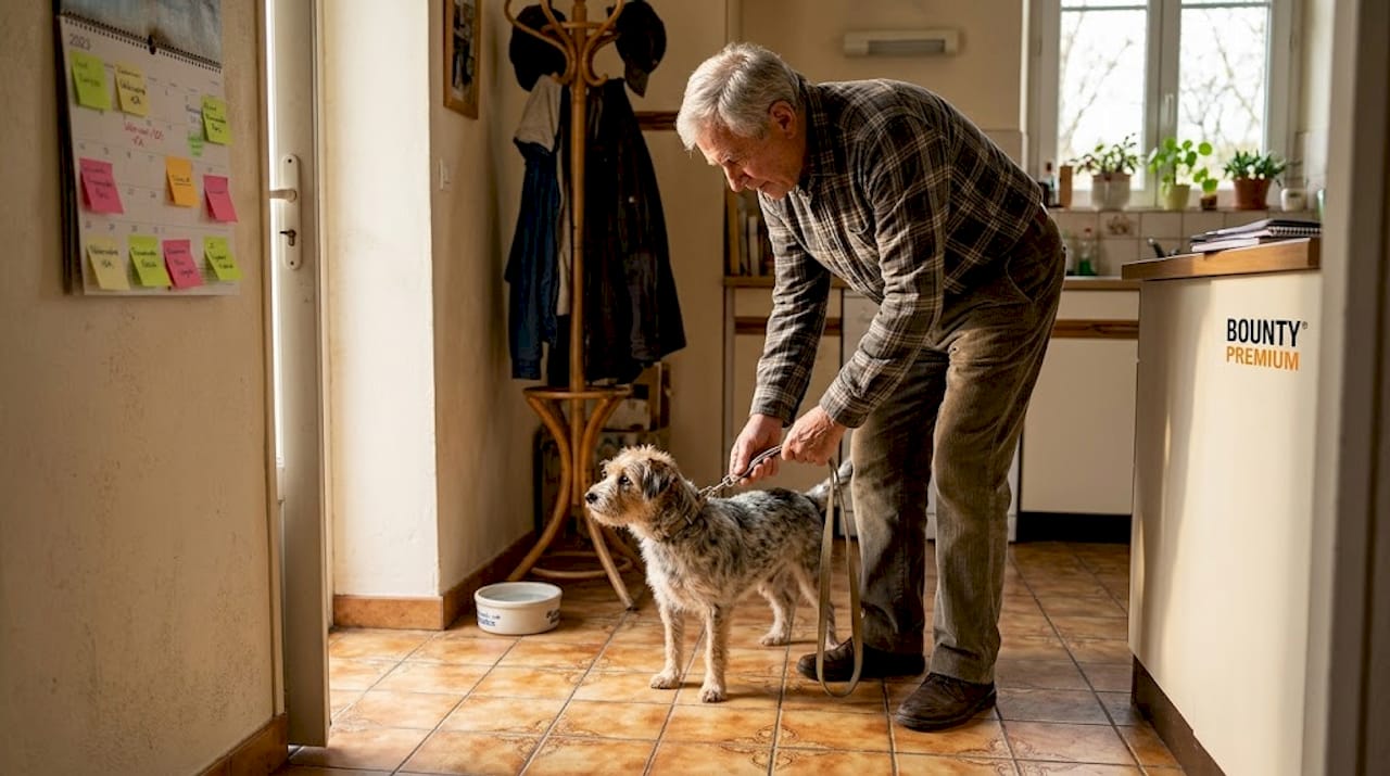 Les indispensables de la routine quotidienne avec mon chien : préparer sa gamelle et attraper la laisse pour la promenade.