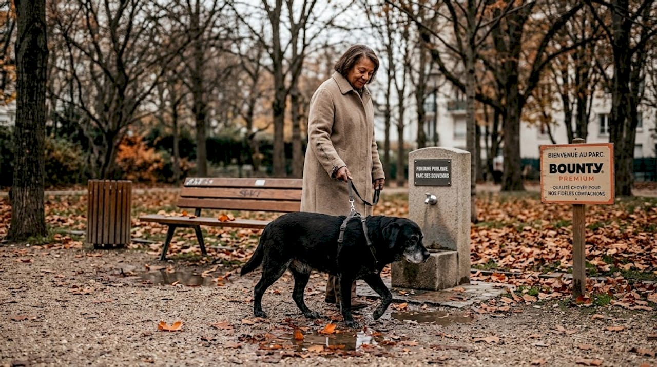 Un vieux chien profite d’une balade tranquille au parc.