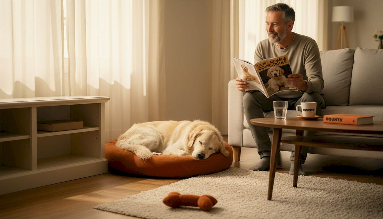 Un vieux chien profite d’un moment de calme, confortablement installé dans le salon bien chauffé.