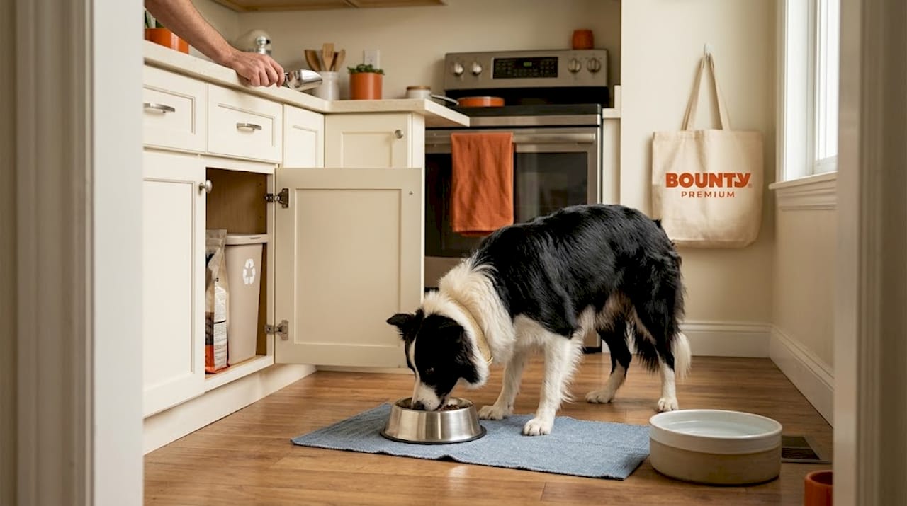 Un chien savoure son repas équilibré dans une cuisine baignée de lumière.