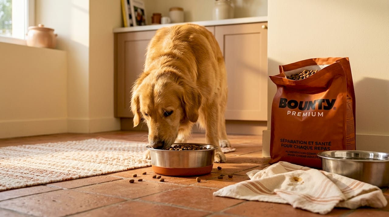 Un chien en train de grignoter ses croquettes dans la cuisine.