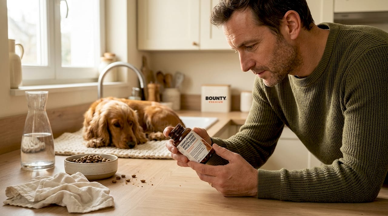 Un homme examine attentivement la notice d’un complément alimentaire destiné à son chien.