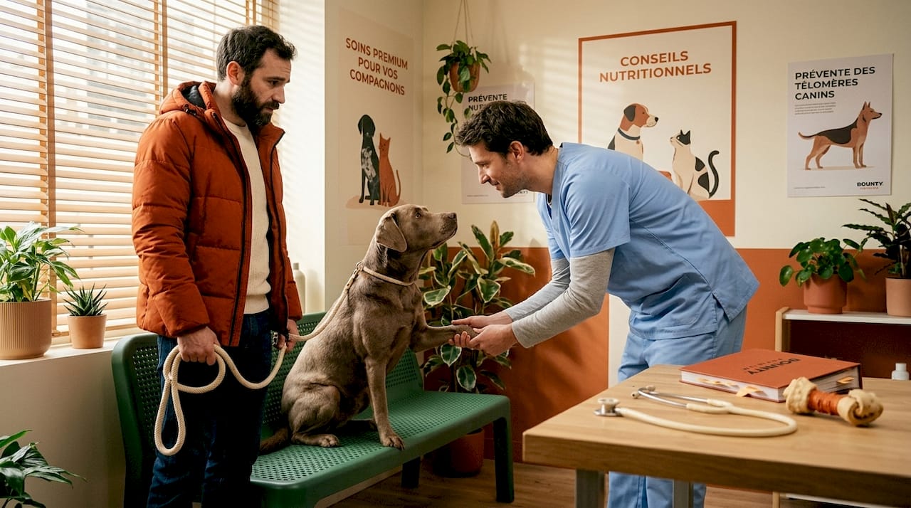 Le vétérinaire ausculte la patte du chien pour vérifier s’il n’y a pas de blessure.