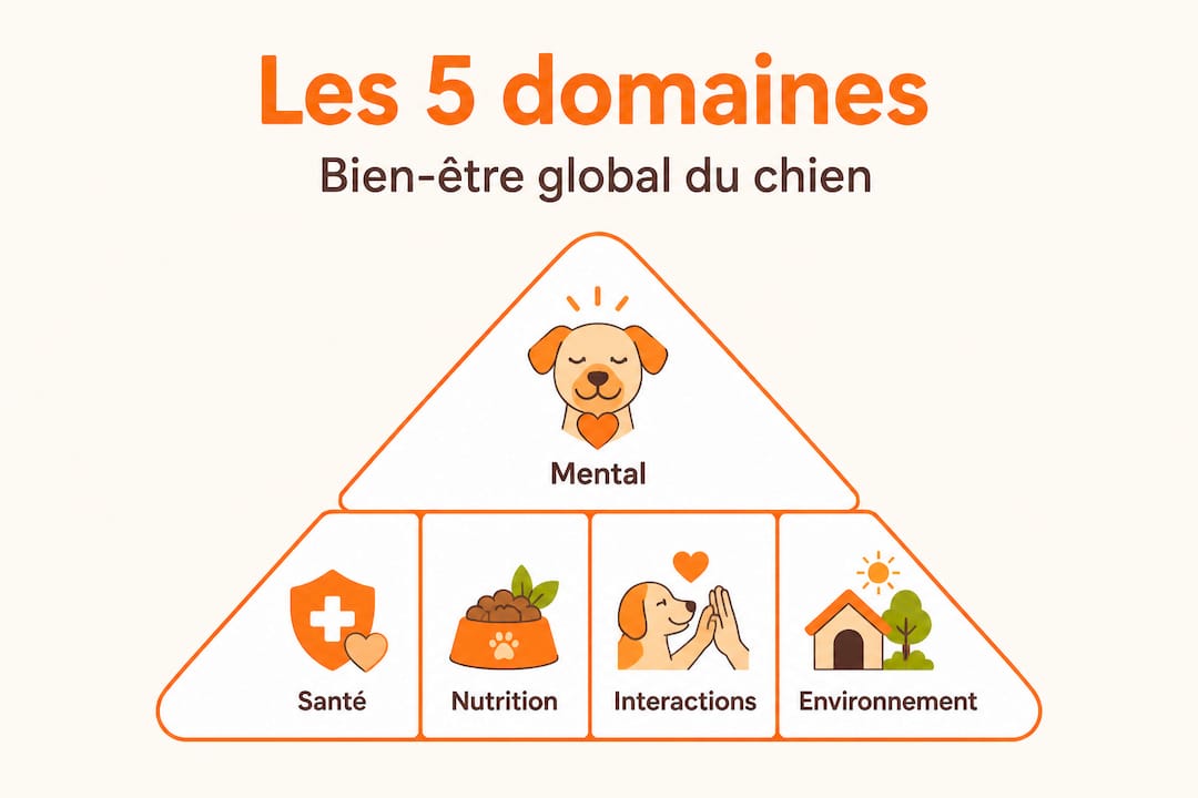 Infographie : la pyramide des cinq piliers du bien-être chez le chien
