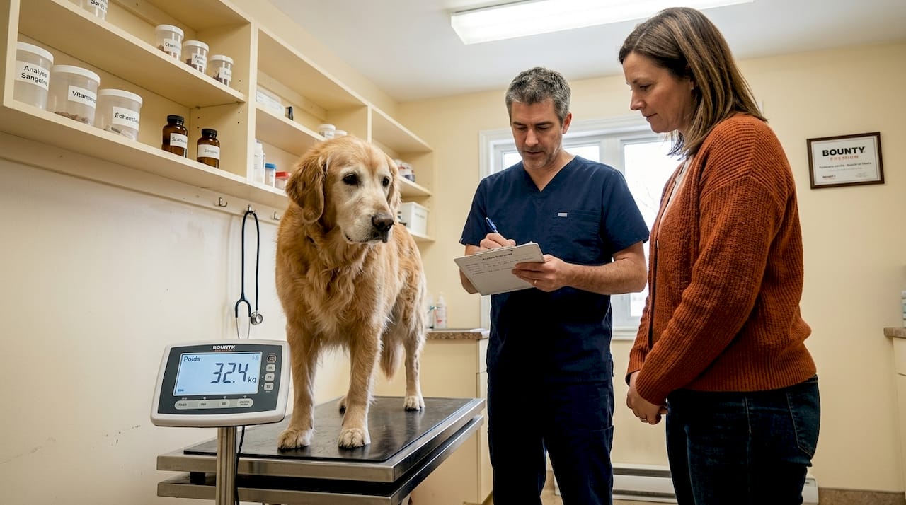Un vétérinaire procède à la pesée d’un chien âgé lors d’une visite de contrôle.