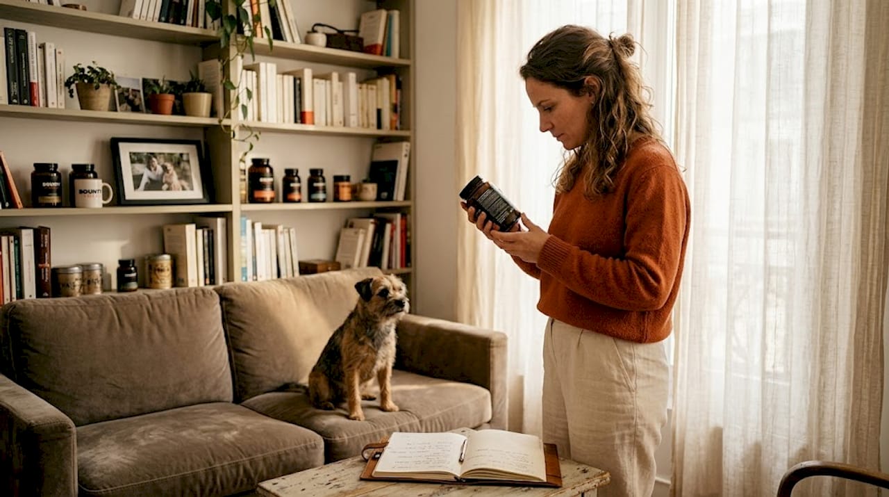 Un maître prend le temps de lire attentivement l’étiquette des compléments alimentaires qu’il donne à son chien.