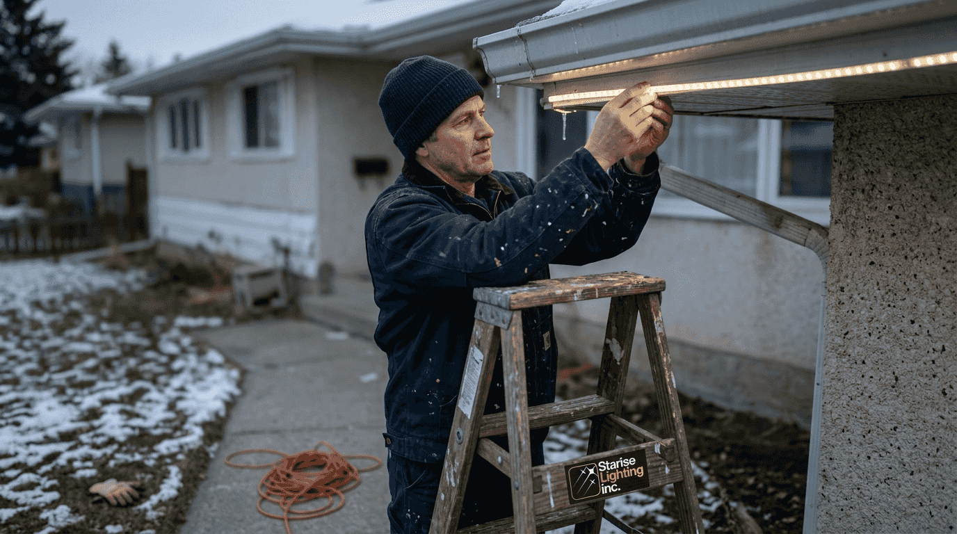 Electrician fitting LED strips on bungalow eaves