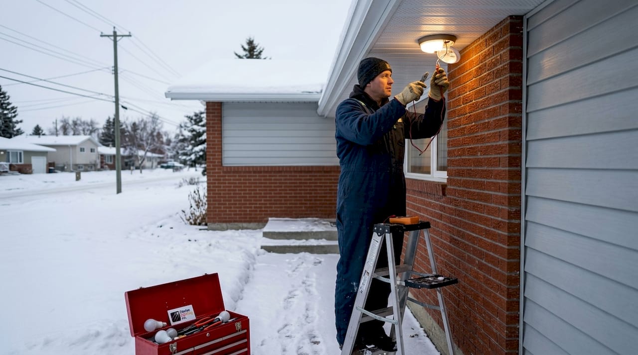 Worker inspects exterior LED light in winter