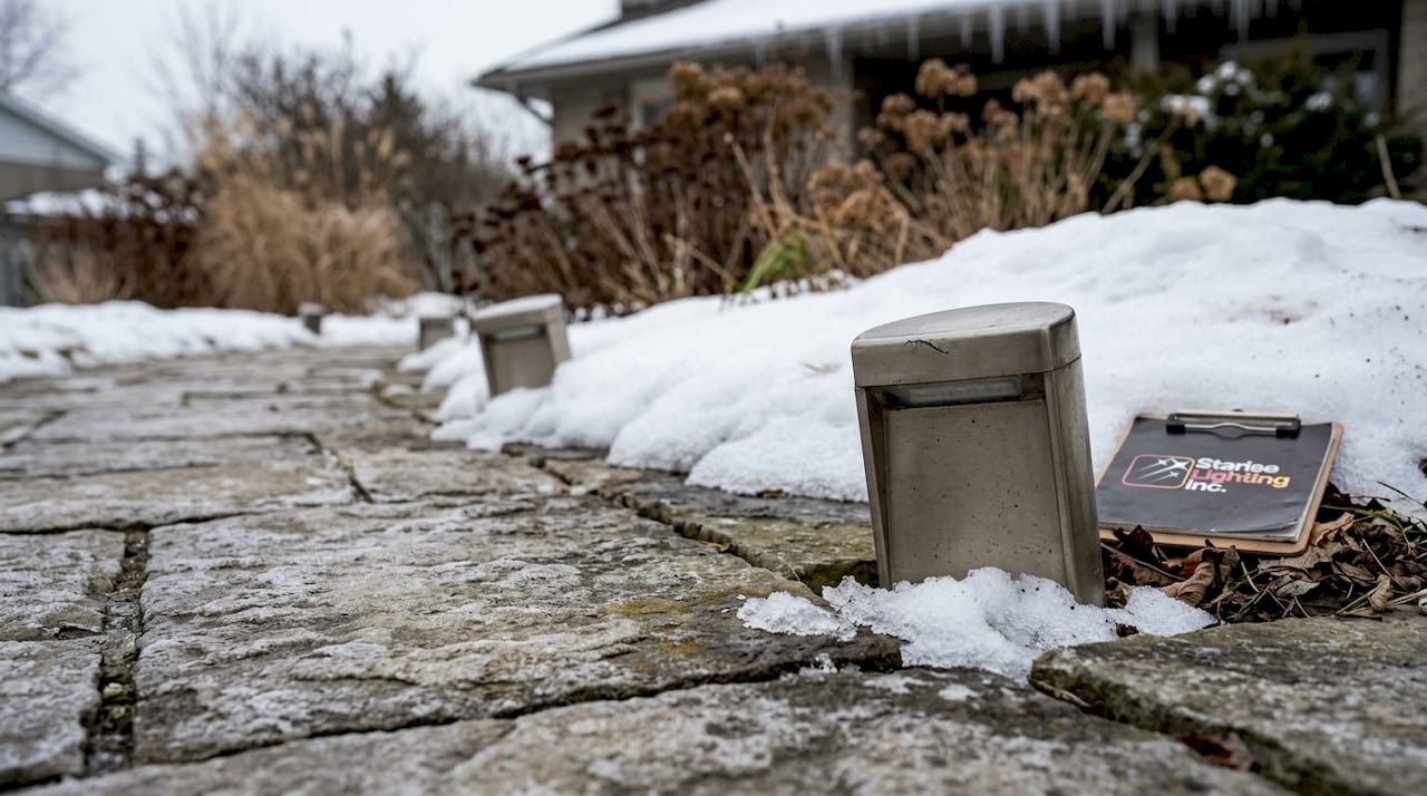 Permanent outdoor lighting fixtures weathering snow and ice