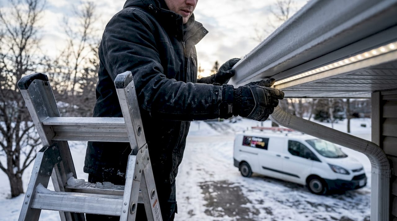 Technician checking winter LED system outdoors
