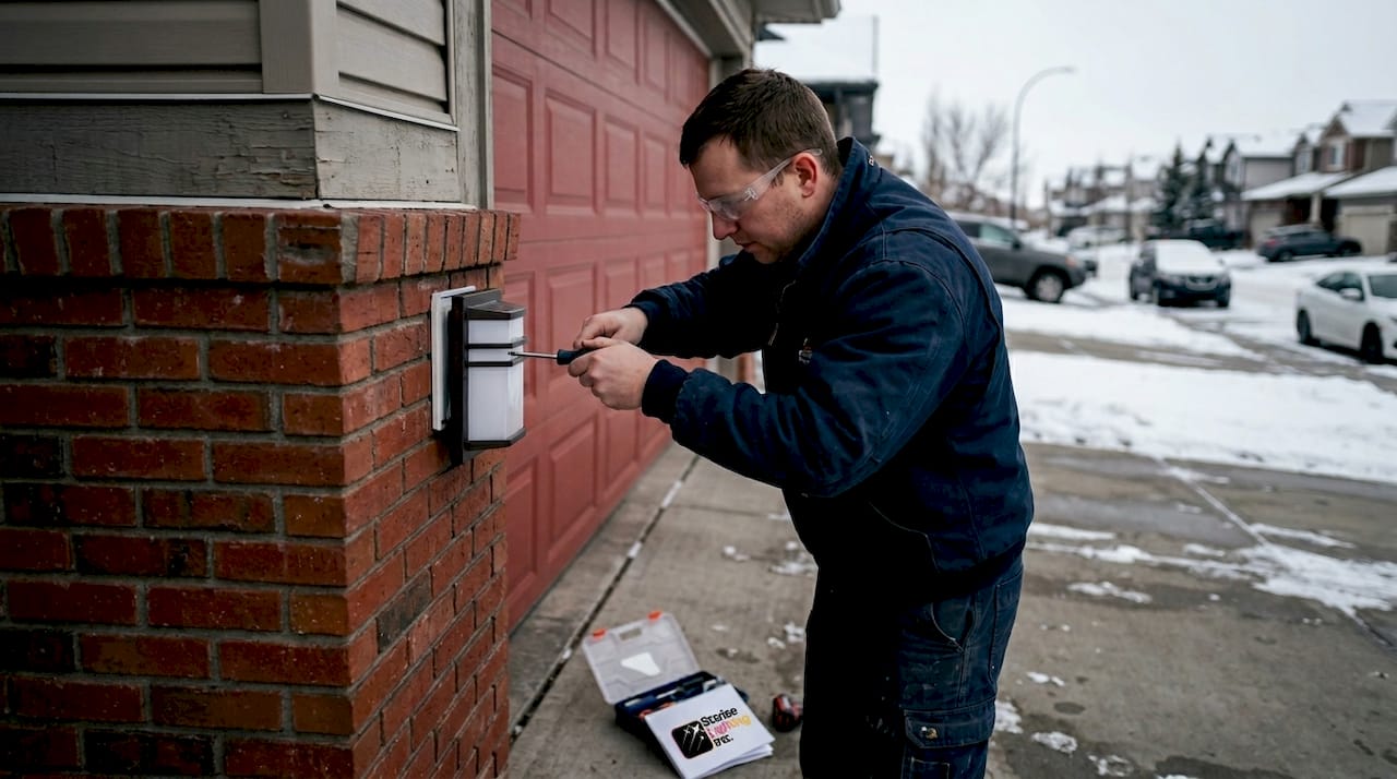 Electrician installs weatherproof outdoor light