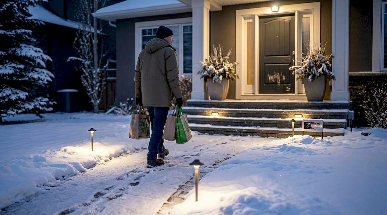 Snowy walkway with LED security lighting
