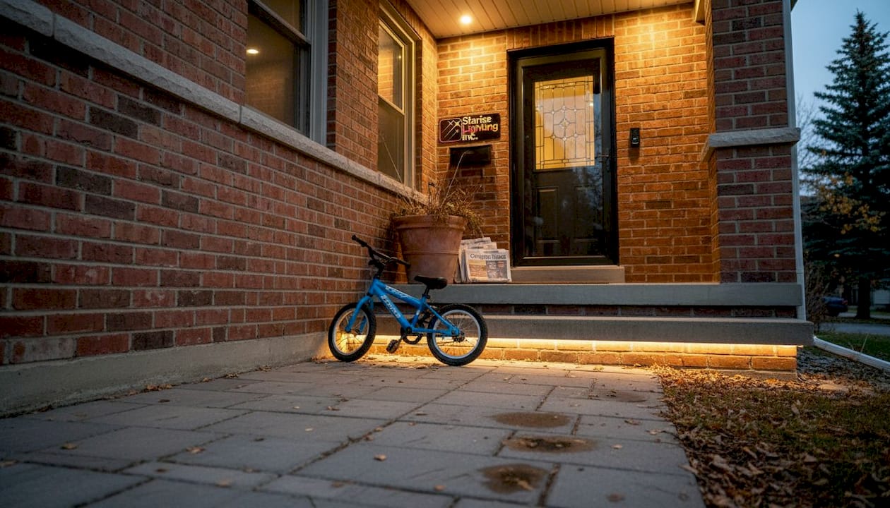 Front porch with LED lighting and security camera