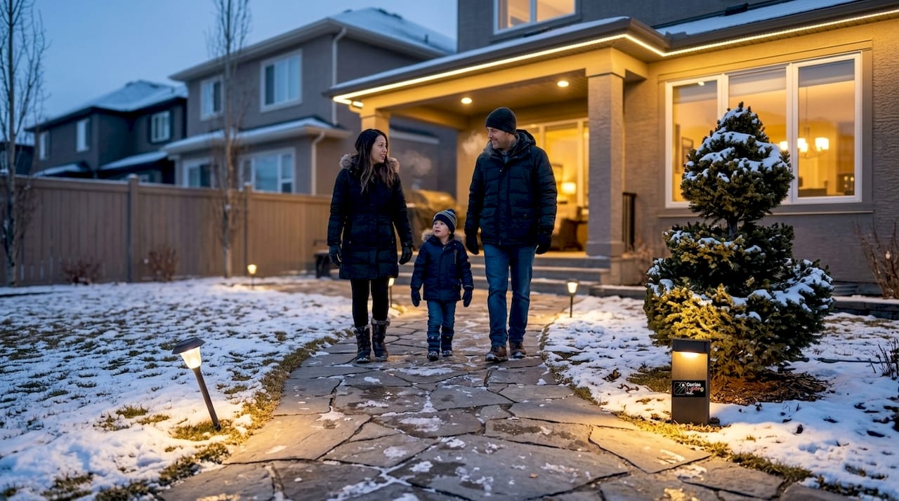 Layered exterior lighting on snowy Calgary pathway