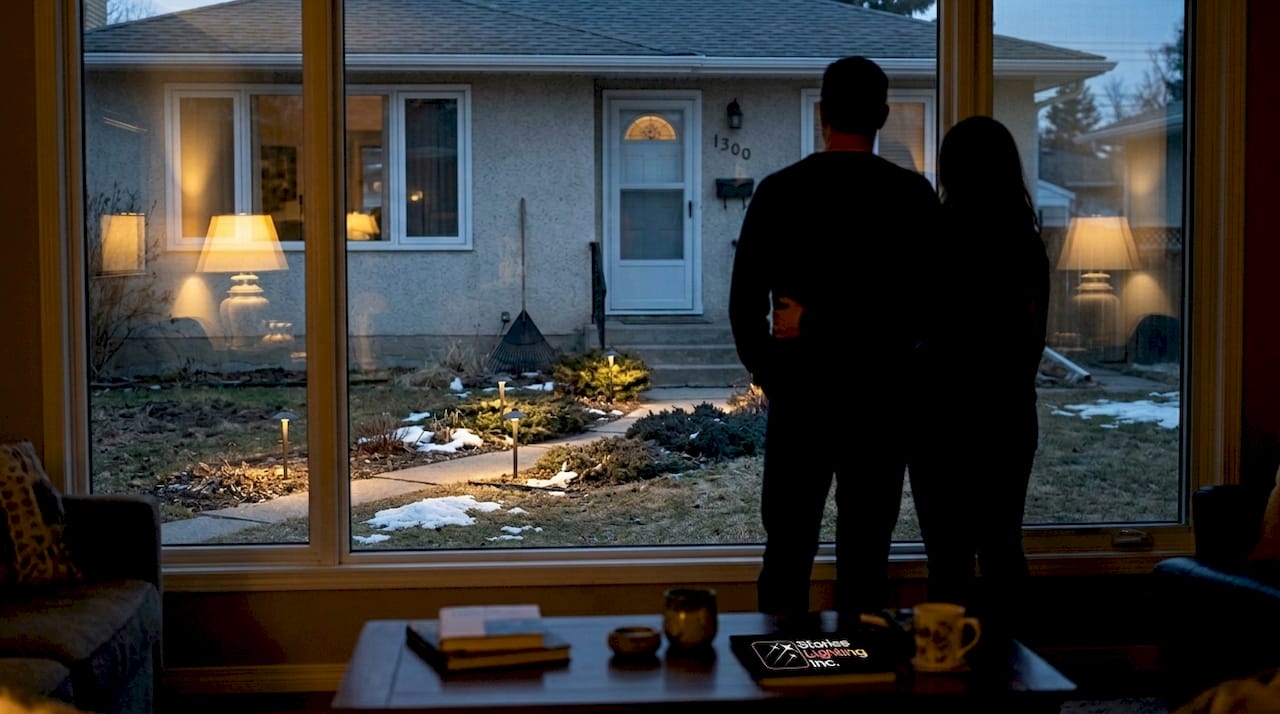 Evening LED landscape lights enhance Calgary yard