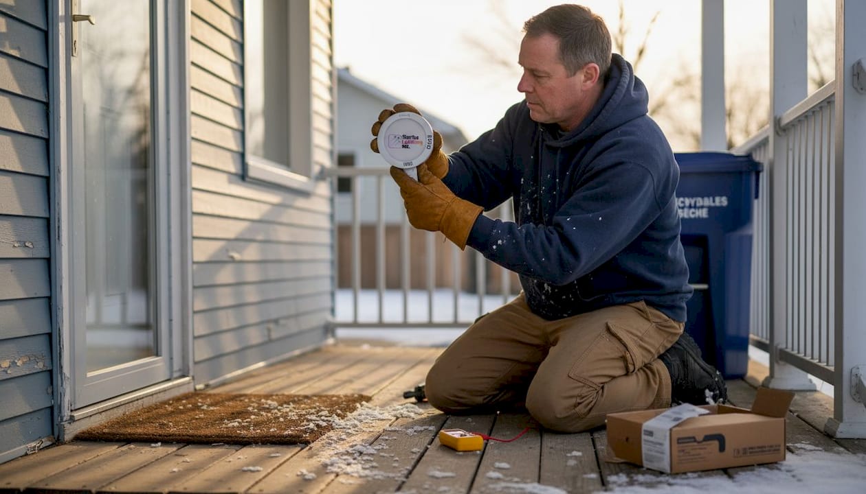 Electrician installing weatherproof LED outdoor light
