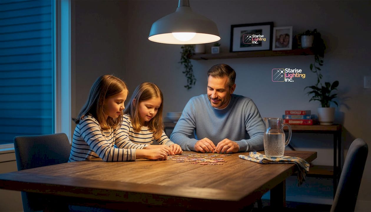 Family puzzle time in warm-lit dining area