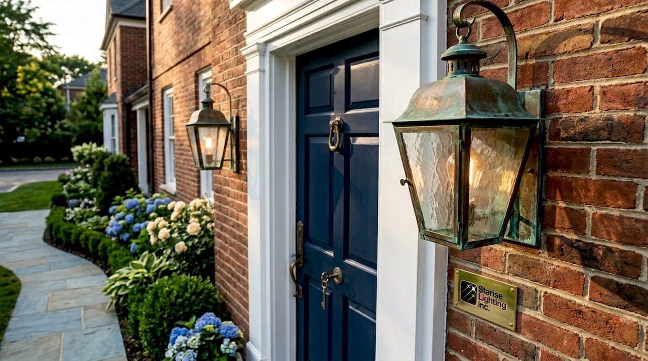 Brass lantern sconces flanking a colonial front door