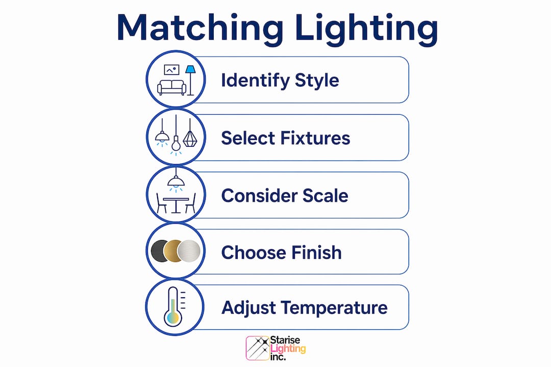 Infographic showing steps to match lighting to home style