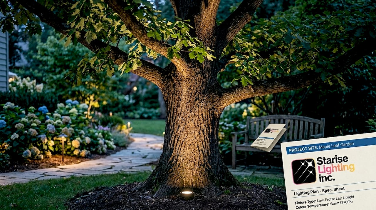 Tree illuminated by ground-level uplighting fixture