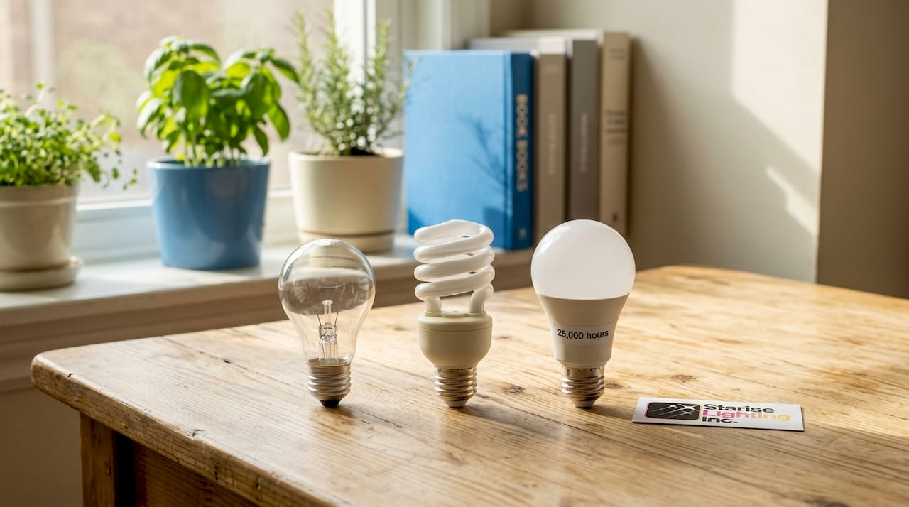Three types of light bulbs comparing lifespan