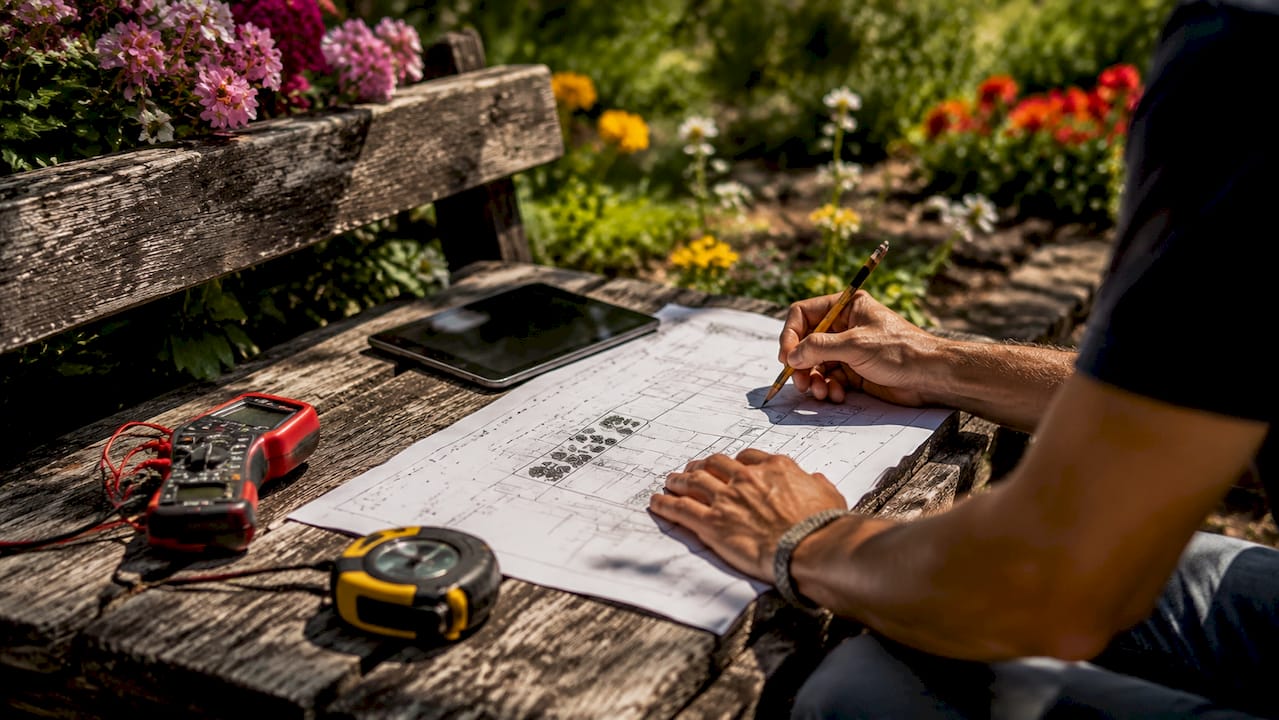 Hands planning outdoor lighting setup with tools