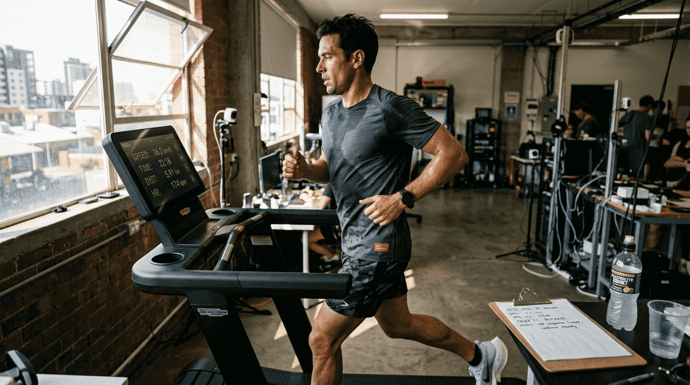 Athlete on treadmill testing moisture-wicking gear