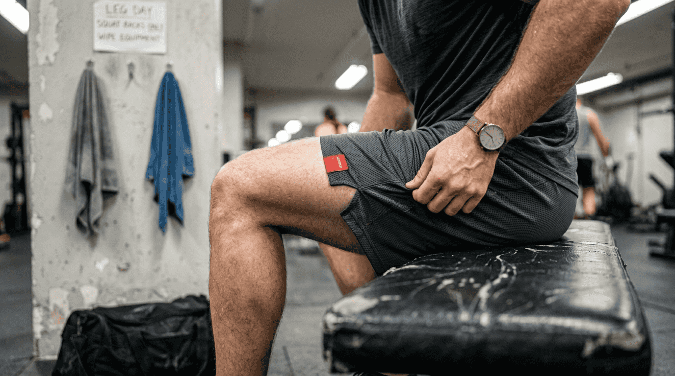 Man adjusting gym shorts before workout